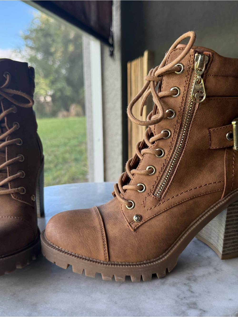G by Guess Brown Lace-Up Heeled Combat Boots with Gold Zipper